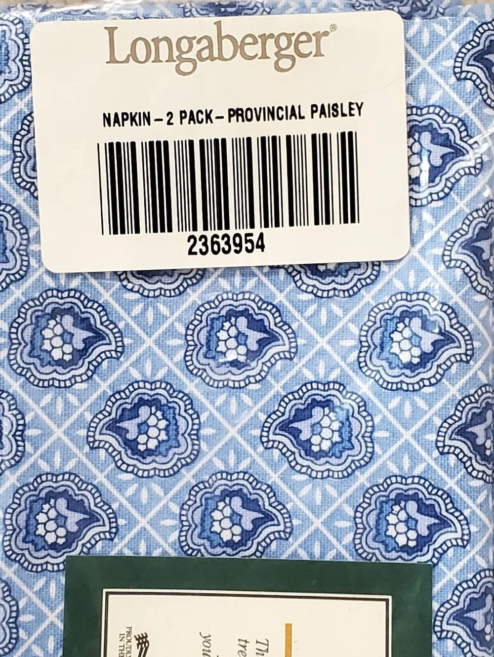 Longaberger Blue/White Provencial Paisley 100% Cotton 2 Pack Dinner Napkins NWT